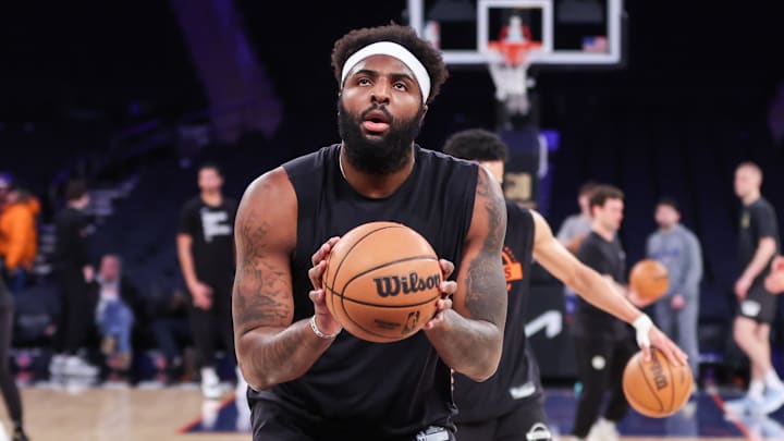 Jan 21, 2026; New York, New York, USA; New York Knicks center Mitchell Robinson (23) warms up prior to the game against the Brooklyn Nets at Madison Square Garden. Mandatory Credit: Wendell Cruz-Imagn Images