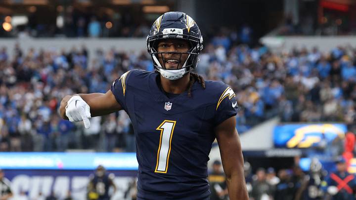 Dec 27, 2025; Inglewood, California, USA;  Los Angeles Chargers wide receiver Quentin Johnston (1) reacts after making a 60-yard reception against the Houston Texans during the first half at SoFi Stadium. Mandatory Credit: Kiyoshi Mio-Imagn Images