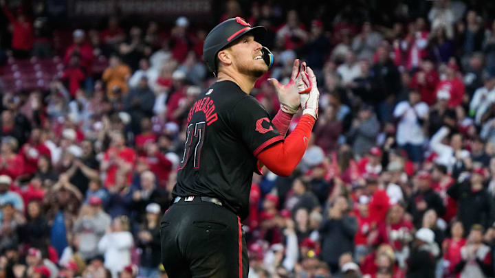 Reds Tyler Stephenson (37) celebrates his run during the Cincinnati Reds vs. L.A. Angels game on Reds Tyler Stephenson (37) celebrates his run during the Cincinnati Reds vs. L.A. Angels game on
