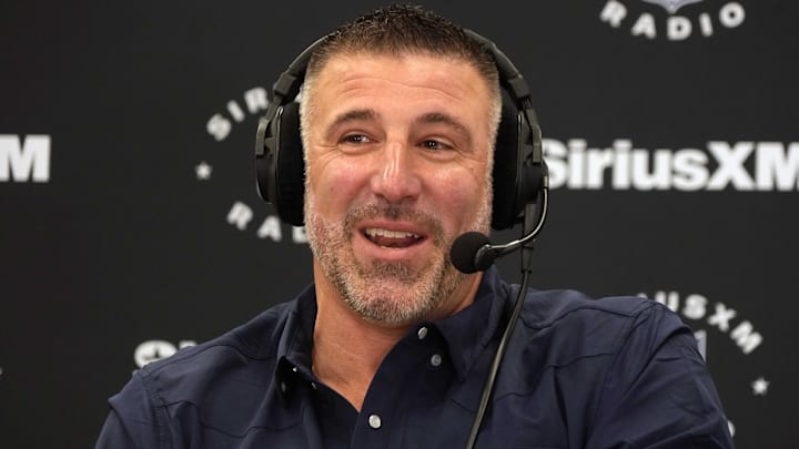 Feb 25, 2025; Indianapolis, IN, USA; New England Patriots coach Mike Vrabel on the SiriusXM radio set at the NFL Scouting Combine at the Indiana Convention Center. Mandatory Credit: Kirby Lee-Imagn Images