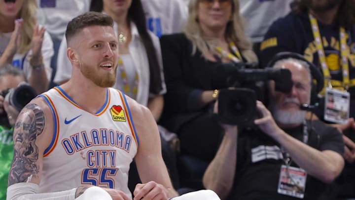 Jun 5, 2025; Oklahoma City, Oklahoma, USA; Oklahoma City Thunder center Isaiah Hartenstein (55) looks on from the floor during the first quarter against the Indiana Pacers during game one of the 2025 NBA Finals at Paycom Center. Mandatory Credit: Alonzo Adams-Imagn Images