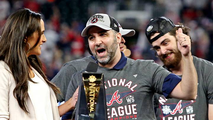Oct 23, 2021; Cumberland, Georgia, USA; Atlanta Braves general manager Alex Anthopoulos celebrates after the Atlanta Braves beat the Los Angeles Dodgers in game six of the 2021 NLCS to advance to the World Series at Truist Park. Mandatory Credit: Brett Davis-USA TODAY Sports