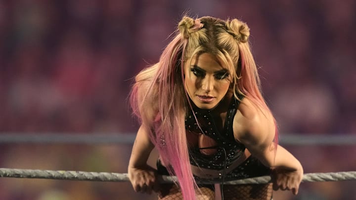 Jan 28, 2023; San Antonio, TX, USA; Alexa Bliss enters the arena during the WWE Royal Rumble at the Alamodome. Mandatory Credit: Joe Camporeale-Imagn Images
