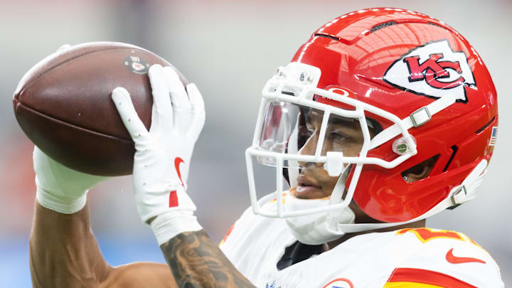 Aug 9, 2025; Glendale, Arizona, USA; Kansas City Chiefs cornerback Trent McDuffie (22) against the Arizona Cardinals during a preseason NFL game at State Farm Stadium. Mandatory Credit: Mark J. Rebilas-Imagn Images