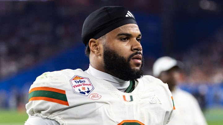 Jan 8, 2026; Glendale, AZ, USA; Miami Hurricanes defensive lineman Akheem Mesidor (3) against the Mississippi Rebels during the 2026 Fiesta Bowl and semifinal game of the College Football Playoff at State Farm Stadium. Mandatory Credit: Mark J. Rebilas-Imagn Images
