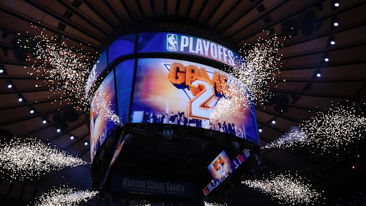 Apr 22, 2024; New York, New York, USA;  A view of the main scoreboard before game two of the first round for the 2024 NBA playoffs between the New York Knicks and the Philadelphia 76ers at Madison Square Garden. Mandatory Credit: Vincent Carchietta-Imagn Images
