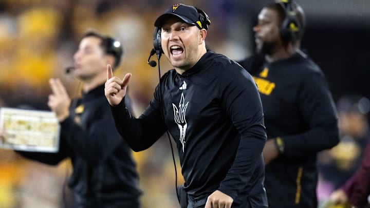 Nov 28, 2025; Tempe, Arizona, USA; Arizona State Sun Devils head coach Kenny Dillingham reacts against the Arizona Wildcats during the 99th Territorial Cup at Mountain America Stadium. Mandatory Credit: Mark J. Rebilas-Imagn Images