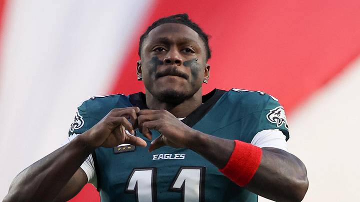Jan 11, 2026; Philadelphia, PA, USA; Philadelphia Eagles wide receiver A.J. Brown (11) looks on prior to an NFC Wild Card Round game against the San Francisco 49ers at Lincoln Financial Field. Mandatory Credit: Bill Streicher-Imagn Images