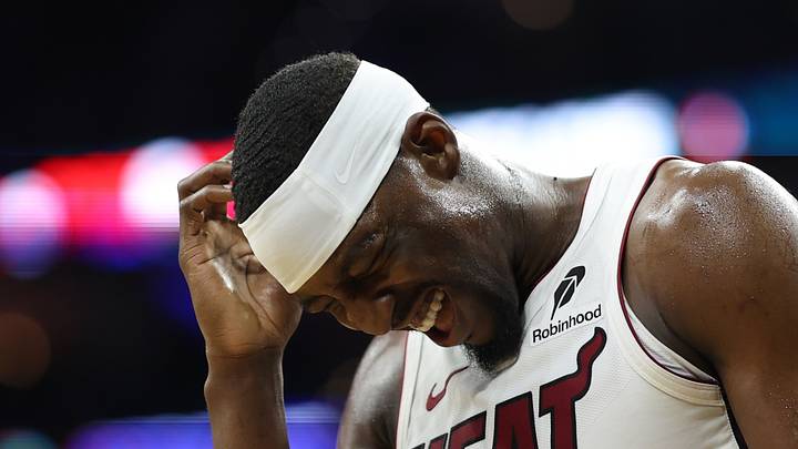 Philadelphia, Pennsylvania, USA; Miami Heat center Bam Adebayo (13) reacts after a collision during the first quarter against the Philadelphia 76ers at Xfinity Mobile Arena on Feb 26, 2026.