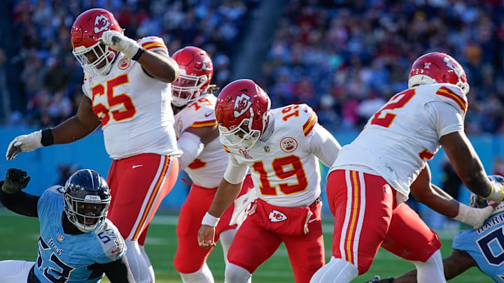 Kansas City Chiefs quarterback Chris Oladokun (19) fumbles the ball during the third quarter against the Tennessee Titans at Nissan Stadium in Nashville, Tenn., Sunday, Dec. 21, 2025.