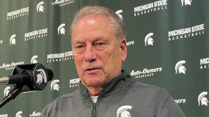Michigan State Spartans head coach Tom Izzo answers a question at his press conference following a game against Cornell. MSU won, 114-97.