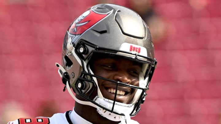 Oct 22, 2023; Tampa, Florida, USA; Tampa Bay Buccaneers wide receiver Rakim Jarrett (18) warms up before the start of the game against the Atlanta Falcons at Raymond James Stadium. Mandatory Credit: Jonathan Dyer-Imagn Images Oct 22, 2023; Tampa, Florida, USA; Tampa Bay Buccaneers wide receiver Rakim Jarrett (18) warms up before the start of the game against the Atlanta Falcons at Raymond James Stadium. Mandatory Credit: Jonathan Dyer-Imagn Images