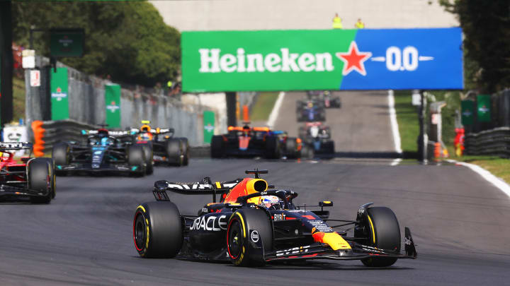 Max Verstappen of the Netherlands driving the (1) Oracle Red Bull Racing RB19 leads Charles Leclerc of Monaco driving the (16) Ferrari SF-23 during the F1 Grand Prix of Italy at Autodromo Nazionale Monza on September 03, 2023 in Monza, Italy. 