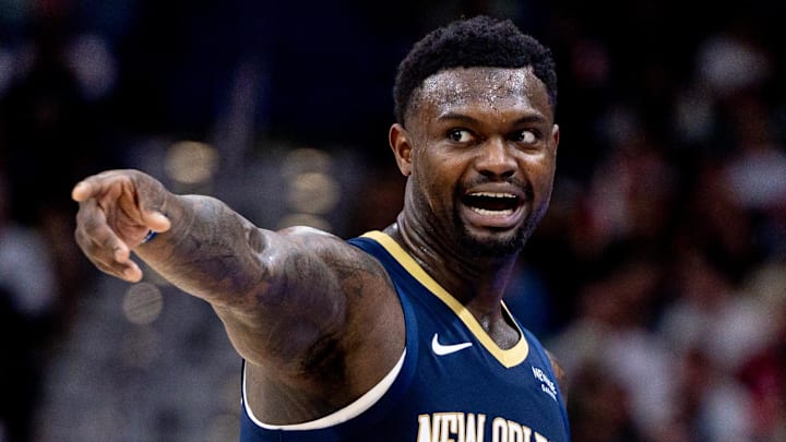 Oct 24, 2025; New Orleans, Louisiana, USA;  New Orleans Pelicans forward Zion Williamson (1) reacts to a play against the San Antonio Spurs during the second half at Smoothie King Center. Mandatory Credit: Stephen Lew-Imagn Images