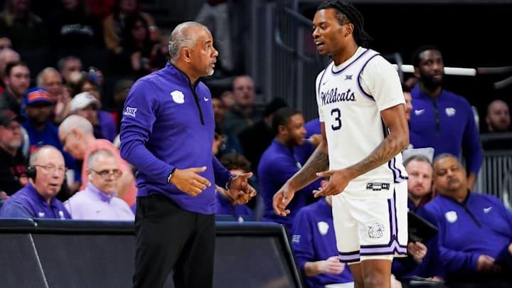 Kansas State Wildcats coachJerome Tang speaks with Kansas State Wildcats guard C.J. Jones during the 2025 NCAA Tournament . Kansas State Wildcats coachJerome Tang speaks with Kansas State Wildcats guard C.J. Jones during the 2025 NCAA Tournament .