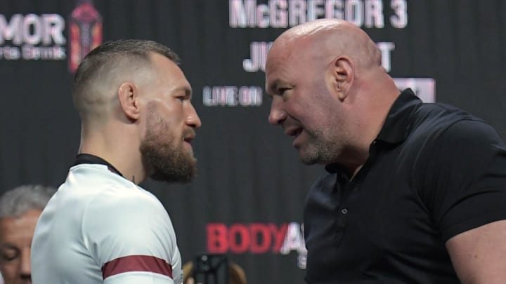 Jul 9, 2021; Las Vegas, Nevada, USA; Conor McGregor is greeted by UFC president Dana White during weigh ins for UFC 264 at T-Mobile Arena. Mandatory Credit: Gary A. Vasquez-Imagn Images