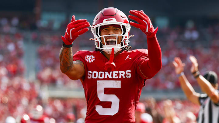 Oklahoma Sooners wide receiver Isaiah Sategna III celebrates a touchdown against Auburn in a play that should have been an unsportsmanlike penalty. 