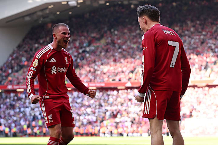 Alexis Mac Allister and Florian Wirtz celebrate