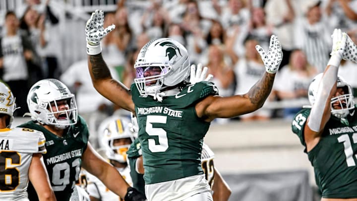 Michigan State's Jordan Hall celebrates a safety against Western Michigan during the third quarter on Friday, Aug. 29, 2025, in East Lansing.