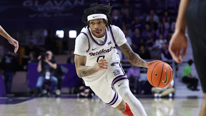 Mar 2, 2025; Manhattan, Kansas, USA; Kansas State Wildcats guard Dug McDaniel (0) drives to the basket during the second half against the Colorado Buffaloes at Bramlage Coliseum. Mandatory Credit: Scott Sewell-Imagn Images Mar 2, 2025; Manhattan, Kansas, USA; Kansas State Wildcats guard Dug McDaniel (0) drives to the basket during the second half against the Colorado Buffaloes at Bramlage Coliseum. Mandatory Credit: Scott Sewell-Imagn Images