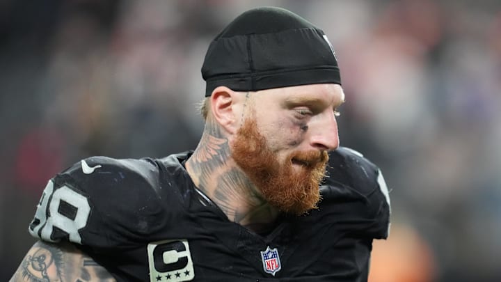 Dec 7, 2025; Paradise, Nevada, USA;  Las Vegas Raiders defensive end Maxx Crosby (98) leaves the field following a game against the Denver Broncos at Allegiant Stadium. Mandatory Credit: Stephen R. Sylvanie-Imagn Images