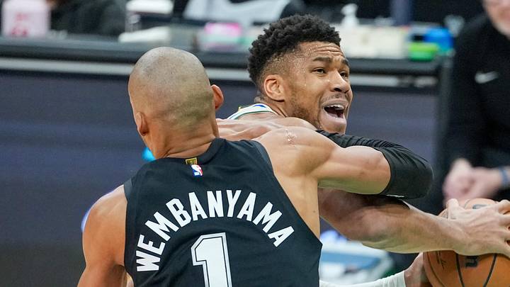Jan 15, 2026; San Antonio, Texas, USA; San Antonio Spurs forward/center Victor Wembanyama (1) fouls Milwaukee Bucks forward Giannis Antetokounmpo (34) in the first half at Frost Bank Center. Mandatory Credit: Daniel Dunn-Imagn Images Jan 15, 2026; San Antonio, Texas, USA; San Antonio Spurs forward/center Victor Wembanyama (1) fouls Milwaukee Bucks forward Giannis Antetokounmpo (34) in the first half at Frost Bank Center. Mandatory Credit: Daniel Dunn-Imagn Images