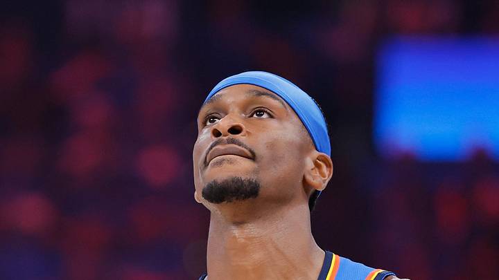 May 18, 2026; Oklahoma City, Oklahoma, USA; Oklahoma City Thunder guard Shai Gilgeous-Alexander (2) looks on during the first half against the San Antonio Spurs during game one of the western conference finals for the 2026 NBA playoffs at Paycom Center. Mandatory Credit: Alonzo Adams-Imagn Images