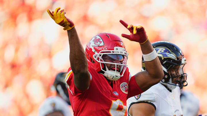 Sep 28, 2025; Kansas City, Missouri, USA;  Kansas City Chiefs wide receiver JuJu Smith-Schuster (9) celebrates after a play during the third quarter against the Baltimore Ravens at GEHA Field at Arrowhead Stadium. Mandatory Credit: Jay Biggerstaff-Imagn Images