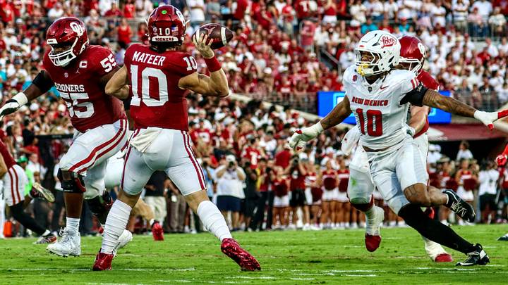 Oklahoma quarterback John Mateer passes against New Mexico. Oklahoma quarterback John Mateer passes against New Mexico.