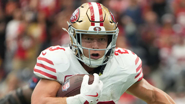 Oct 26, 2025; Houston, Texas, USA; San Francisco 49ers running back Christian McCaffrey (23) runs for a gain during the second half against the Houston Texans at NRG Stadium. Mandatory Credit: Sean Thomas-Imagn Images