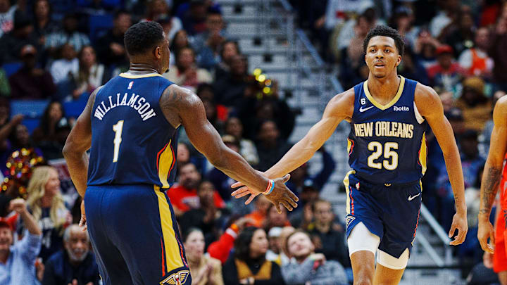 Nov 30, 2022; New Orleans, Louisiana, USA; New Orleans Pelicans guard Trey Murphy III (25) high fives forward Zion Williamson (1) after dunking the ball against the Toronto Raptors during the second quarter at Smoothie King Center. Mandatory Credit: Andrew Wevers-Imagn Images Nov 30, 2022; New Orleans, Louisiana, USA; New Orleans Pelicans guard Trey Murphy III (25) high fives forward Zion Williamson (1) after dunking the ball against the Toronto Raptors during the second quarter at Smoothie King Center. Mandatory Credit: Andrew Wevers-Imagn Images