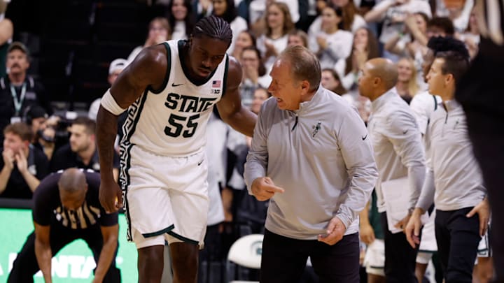 Michigan State's Coen Carr (left) listens to instructions from head coach Tom Izzo (right) during an exhibition game against Bowling Green on Oct. 23, 2025. Michigan State's Coen Carr (left) listens to instructions from head coach Tom Izzo (right) during an exhibition game against Bowling Green on Oct. 23, 2025.