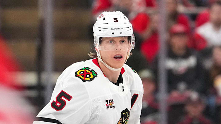 Jan 22, 2026; Raleigh, North Carolina, USA; Chicago Blackhawks defenseman Connor Murphy (5) watches the play against the Carolina Hurricanes during the second period at Lenovo Center. Mandatory Credit: James Guillory-Imagn Images Jan 22, 2026; Raleigh, North Carolina, USA; Chicago Blackhawks defenseman Connor Murphy (5) watches the play against the Carolina Hurricanes during the second period at Lenovo Center. Mandatory Credit: James Guillory-Imagn Images
