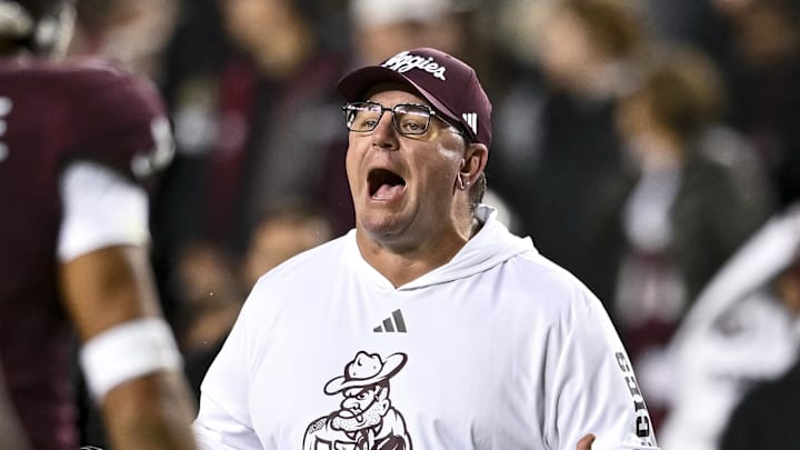 Nov 30, 2024; College Station, Texas, USA; Texas A&M Aggies head coach Mike Elko reacts during the second half against the Texas Longhorns. The Longhorns defeated the Aggies 17-7. at Kyle Field. Mandatory Credit: Maria Lysaker-Imagn Images 