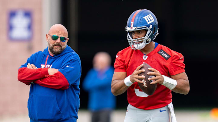 Head coach Brian Daboll and Russell Wilson, quarterback with the NY Giants. Head coach Brian Daboll and Russell Wilson, quarterback with the NY Giants.