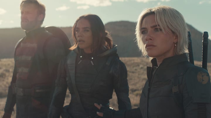 (L-R) John Walker (Wyatt Russell), Ghost (Hannah John-Kamen) and Yelena Belova (Florence Pugh) in Marvel Studios' THUNDERBOLTS*. Photo courtesy of Marvel Studios. © 2024 MARVEL.