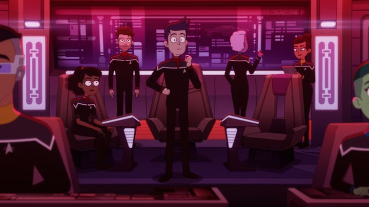 “Crisis Point 2: Paradoxus" - Ep#308-- Eugene Cordero as Ensign Rutherford, Tawny Newsome as Ensign Beckett Mariner, Noel Wells as Ensign Tendi, Jack Quaid as Ensign Brad Boimler and Noel Wells as Ensign Tendi of the Paramount+ series STAR TREK: LOWER DECKS. Photo: PARAMOUNT+ ©2022 CBS Interactive, Inc. All Rights Reserved **Best Possible Screen Grab**