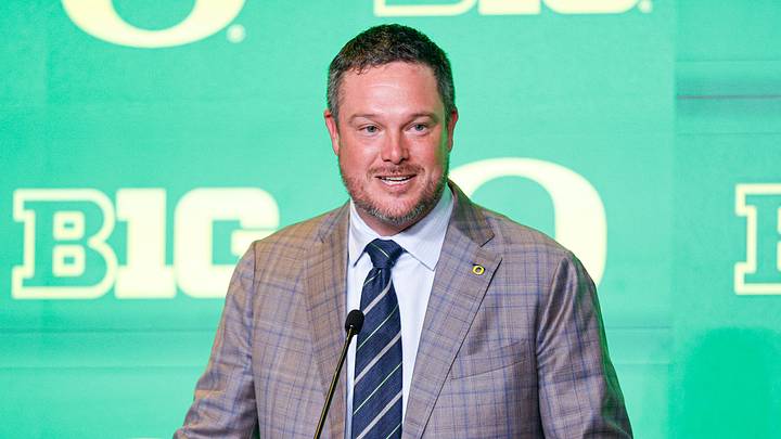 Jul 29, 2026; Chicago, IL, USA; Oregon Football head coach Dan Lanning speaks during Big Ten Media Days at Hilton Chicago. Mandatory Credit: Kamil Krzaczynski-Imagn Images