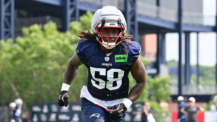 Jul 28, 2026; Foxborough, MA, USA; New England Patriots linebacker Xavier Holmes (58) does a drill during training camp at Gillette Stadium. Mandatory Credit: Eric Canha-Imagn Images Jul 28, 2026; Foxborough, MA, USA; New England Patriots linebacker Xavier Holmes (58) does a drill during training camp at Gillette Stadium. Mandatory Credit: Eric Canha-Imagn Images