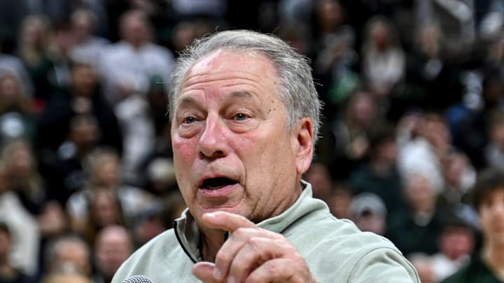 Michigan State's head coach Tom Izzo thanks the alumni Izzone for supporting the Spartans in the victory over USC on Monday, Jan. 5, 2026, at the Breslin Center in East Lansing.
