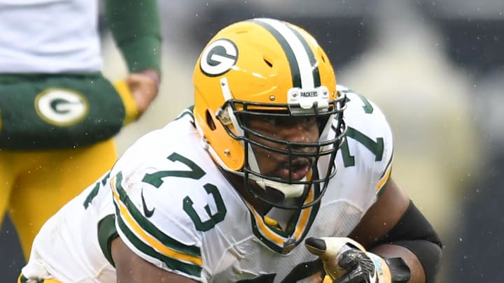 Nov 12, 2017; Chicago, IL, USA; Green Bay Packers guard Jahri Evans (73) waits on the line of scrimmage during a game against the Chicago Bears at Soldier Field. The Packers won 23-16. Mandatory Credit: Patrick Gorski-Imagn Images