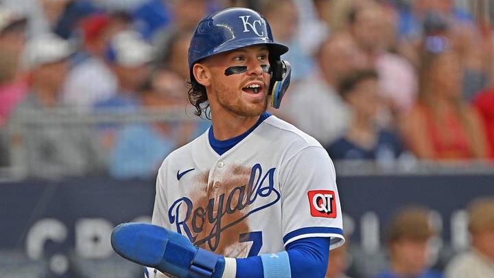 Jun 18, 2026; Kansas City, Missouri, USA;  Kansas City Royals shortstop Bobby Witt Jr. (7) reacts after scoring in the second inning against the St. Louis Cardinals at Kauffman Stadium. Mandatory Credit: Peter Aiken-Imagn Images