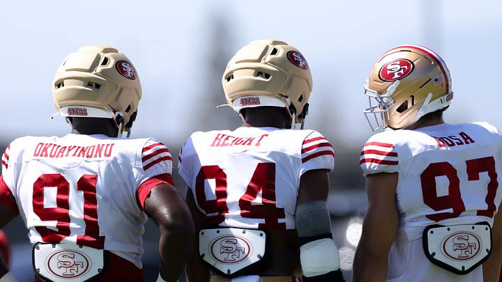 San Francisco 49ers defensive tackle Sam Okuayinonu (91) and defensive end Romello Height (94) and defensive end Nick Bosa (97) San Francisco 49ers defensive tackle Sam Okuayinonu (91) and defensive end Romello Height (94) and defensive end Nick Bosa (97)