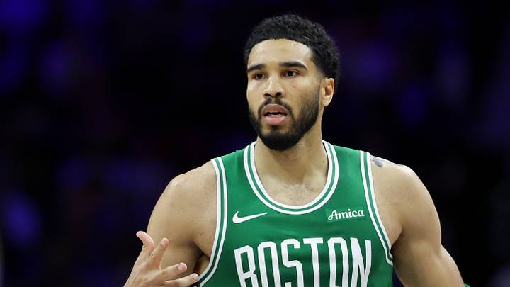 Apr 30, 2026; Philadelphia, Pennsylvania, USA; Boston Celtics forward Jayson Tatum (0) reacts to his score against the Philadelphia 76ers during the second quarter at Xfinity Mobile Arena. Mandatory Credit: Bill Streicher-Imagn Images