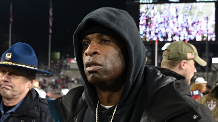 Nov 17, 2023; Pullman, Washington, USA; Colorado Buffaloes head coach Deion Sanders walks off the field after a game against the Washington State Cougars at Gesa Field at Martin Stadium. Washington State won 56-14. Mandatory Credit: James Snook-Imagn Images