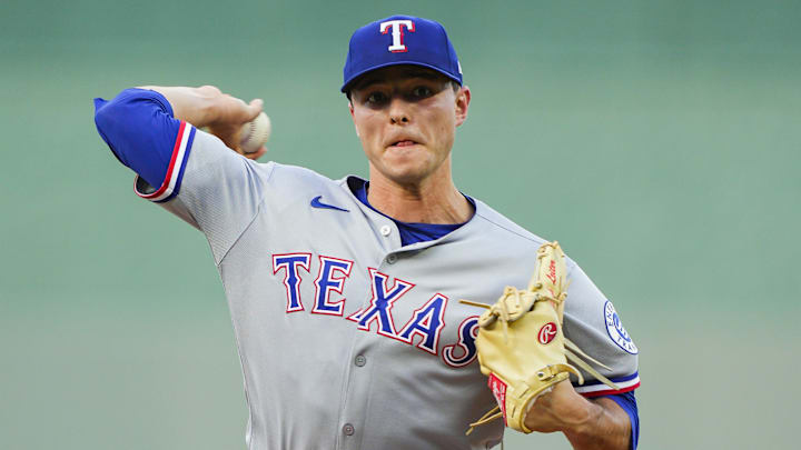Aug 18, 2025; Kansas City, Missouri, USA; Texas Rangers starting pitcher Jack Leiter (35) pitches during the first inning against the Kansas City Royals at Kauffman Stadium. 