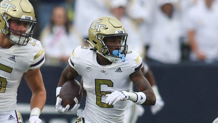 Sep 14, 2024; Atlanta, Georgia, USA; Georgia Tech Yellow Jackets punt returner Rodney Shelley (6) returns a punt against the Virginia Military Institute Keydets in the second quarter at Bobby Dodd Stadium at Hyundai Field. Mandatory Credit: Brett Davis-Imagn Images
