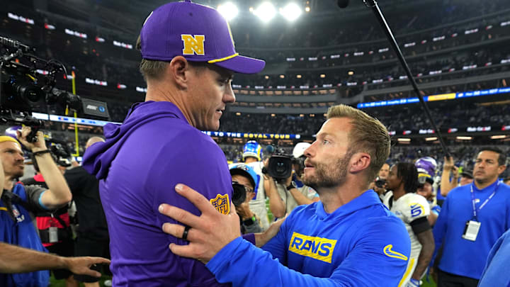 Oct 24, 2024; Inglewood, California, USA; Minnesota Vikings coach Kevin O'Connell (left) and Los Angeles Rams coach Sean McVay shake hands after the game at SoFi Stadium. Mandatory Credit: Kirby Lee-Imagn Images
