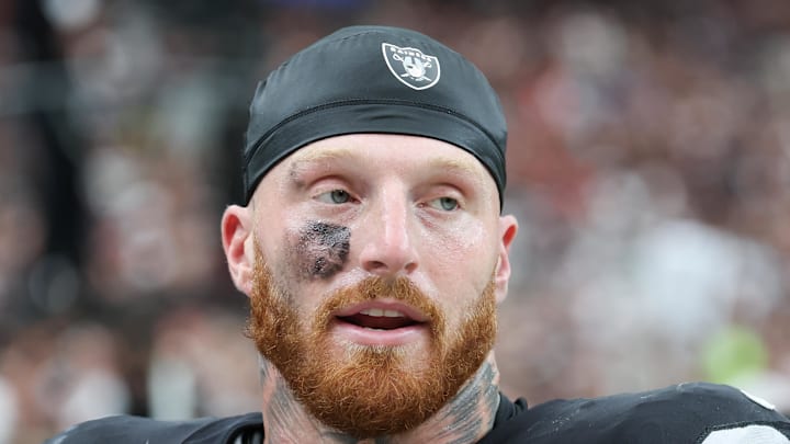 Sep 28, 2025; Paradise, Nevada, USA; Las Vegas Raiders defensive end Maxx Crosby (98) looks on from the sideline during the first quarter against the Chicago Bears at Allegiant Stadium. Mandatory Credit: Kiyoshi Mio-Imagn Images