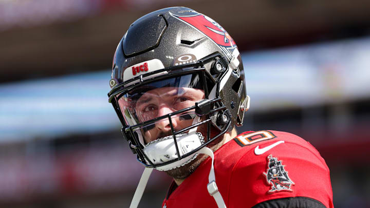 Jan 5, 2025; Tampa, Florida, USA; Tampa Bay Buccaneers quarterback Baker Mayfield (6) looks on before a game against the New Orleans Saints at Raymond James Stadium. Mandatory Credit: Nathan Ray Seebeck-Imagn Images